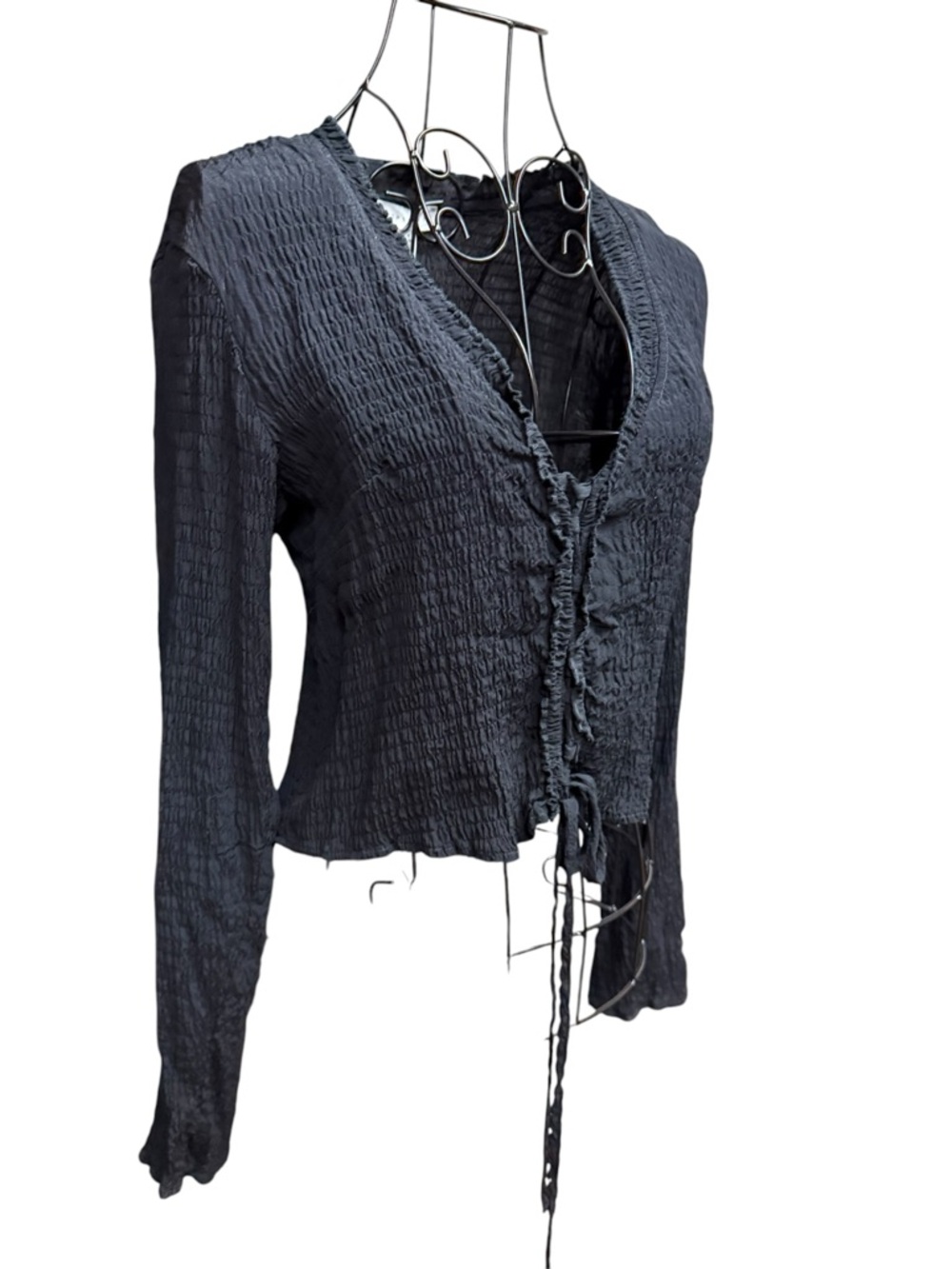 Topshop Black Crinkle Smocked Tie-Front Long Sleeve Cropped Blouse
